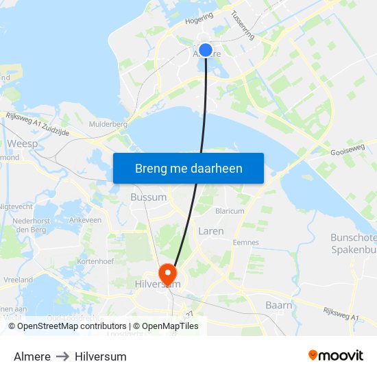 Almere to Hilversum map