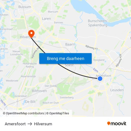 Amersfoort to Hilversum map