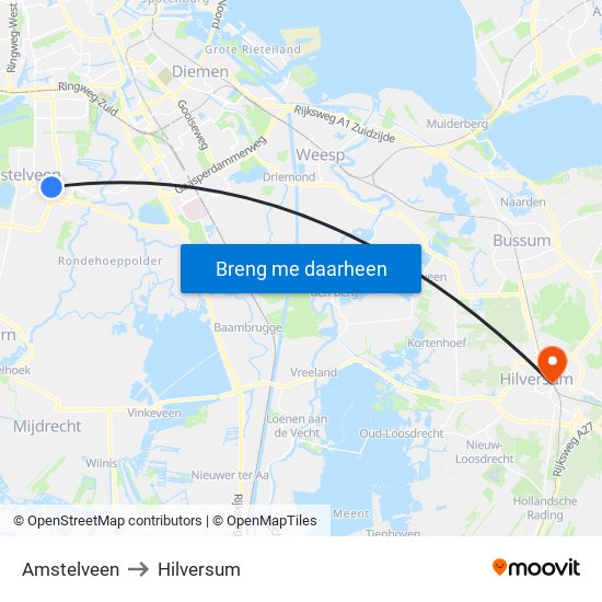 Amstelveen to Hilversum map