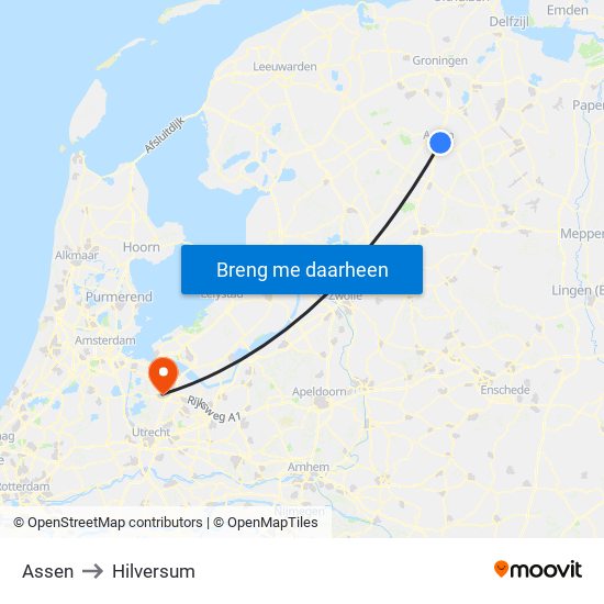 Assen to Hilversum map