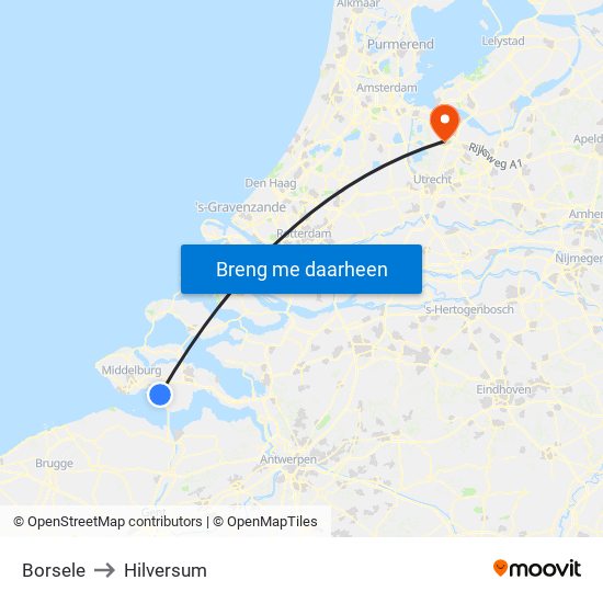 Borsele to Hilversum map