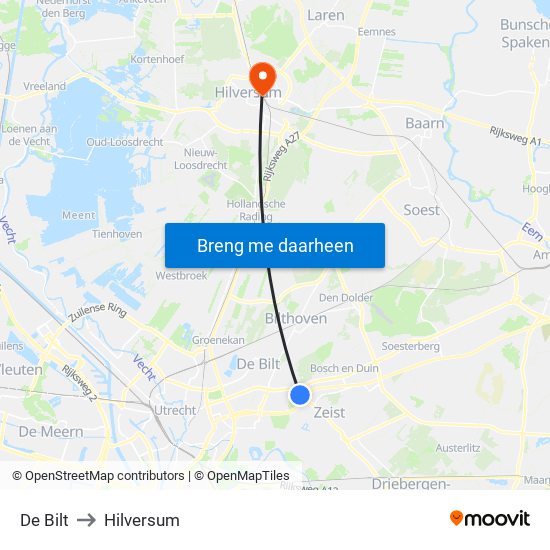 De Bilt to Hilversum map