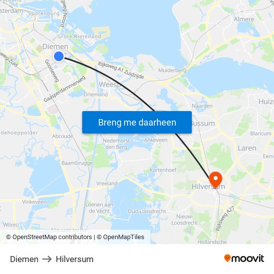 Diemen to Hilversum map