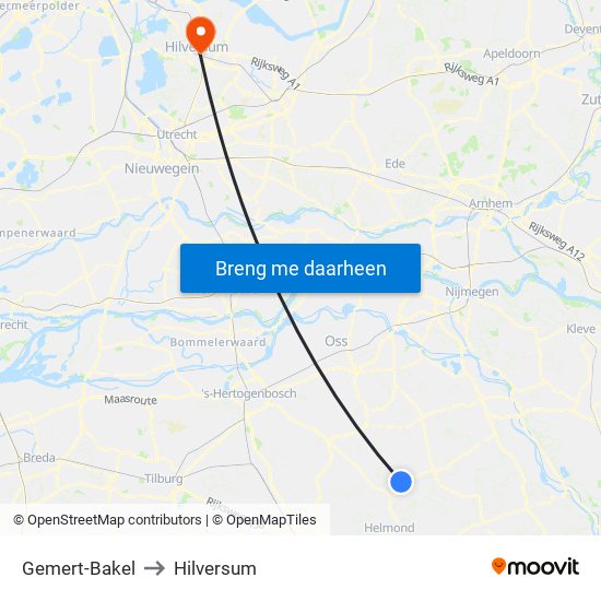 Gemert-Bakel to Hilversum map