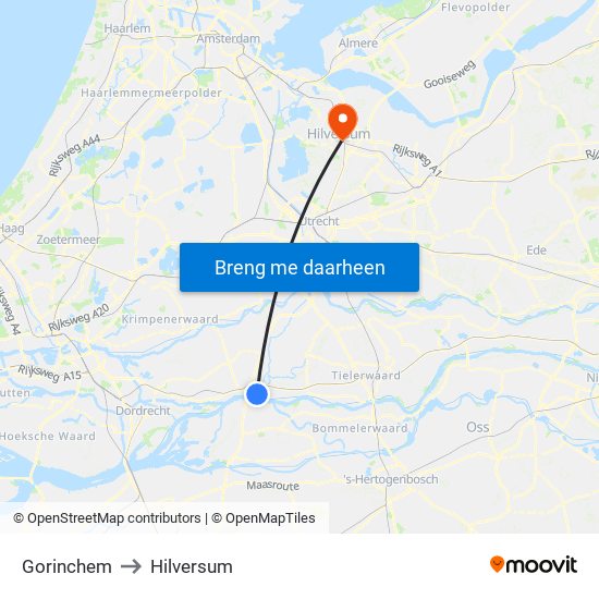 Gorinchem to Hilversum map