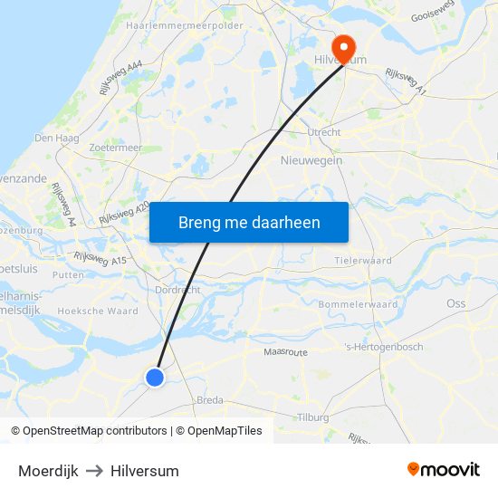 Moerdijk to Hilversum map