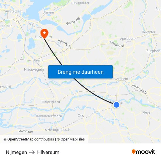 Nijmegen to Hilversum map