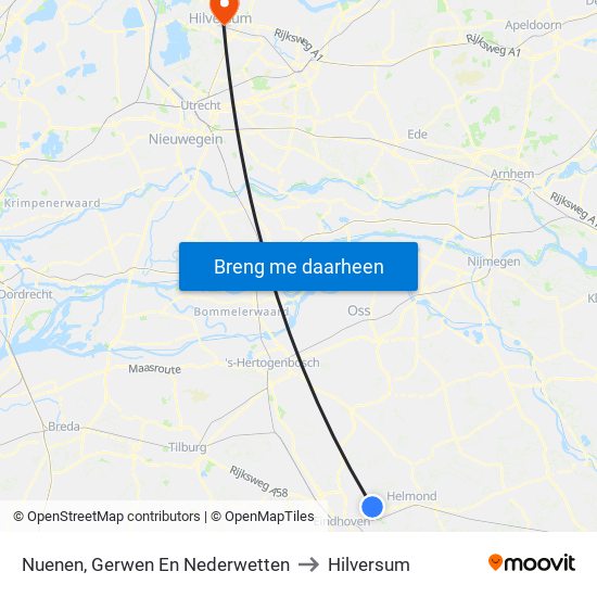 Nuenen, Gerwen En Nederwetten to Hilversum map