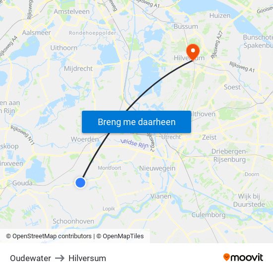 Oudewater to Hilversum map