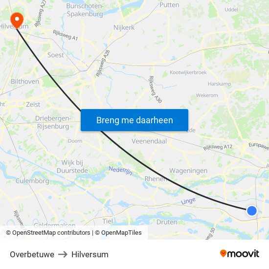 Overbetuwe to Hilversum map