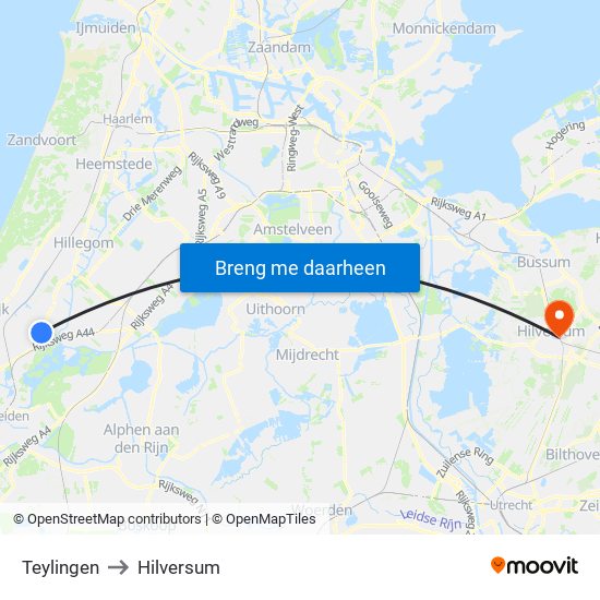 Teylingen to Hilversum map