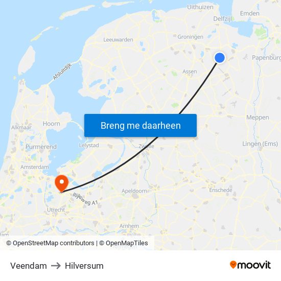 Veendam to Hilversum map