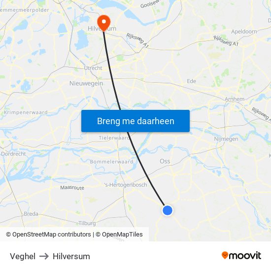 Veghel to Hilversum map