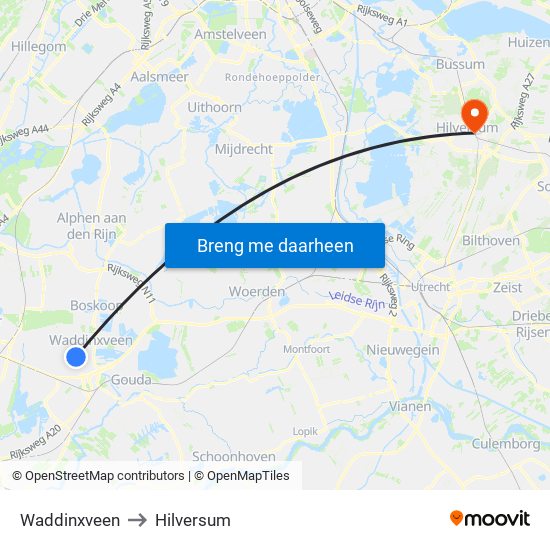 Waddinxveen to Hilversum map