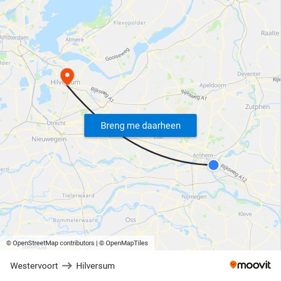 Westervoort to Hilversum map