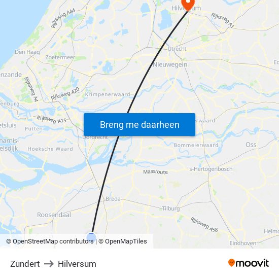 Zundert to Hilversum map