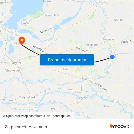 Zutphen to Hilversum map