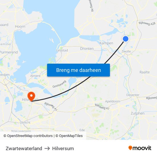 Zwartewaterland to Hilversum map
