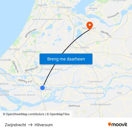 Zwijndrecht to Hilversum map