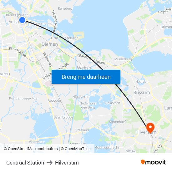 Centraal Station to Hilversum map