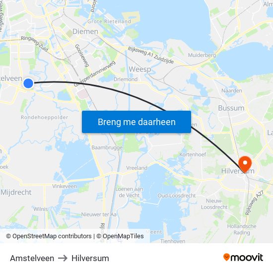 Amstelveen to Hilversum map