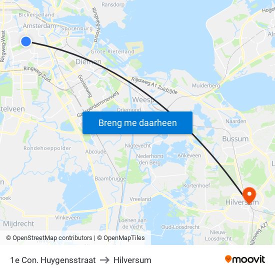 1e Con. Huygensstraat to Hilversum map