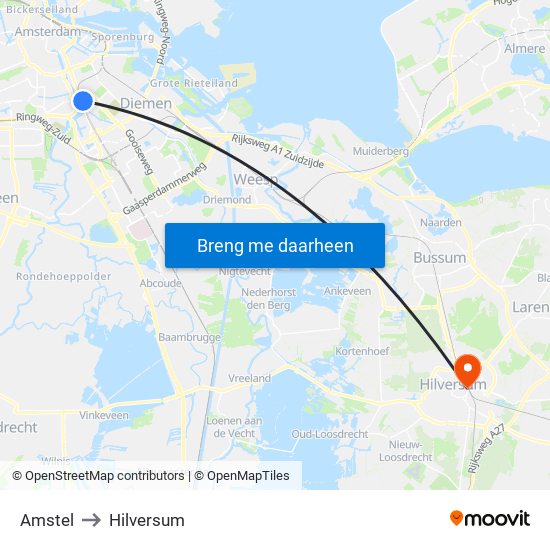 Amstel to Hilversum map