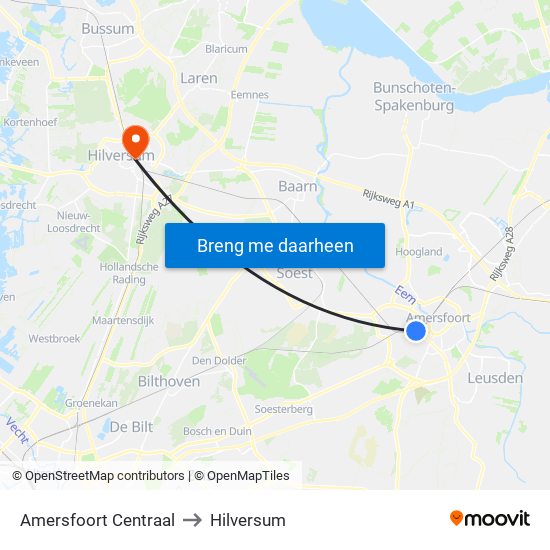 Amersfoort Centraal to Hilversum map