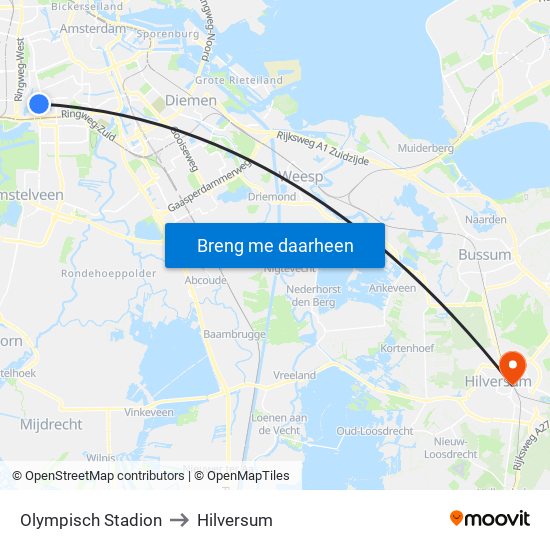 Olympisch Stadion to Hilversum map