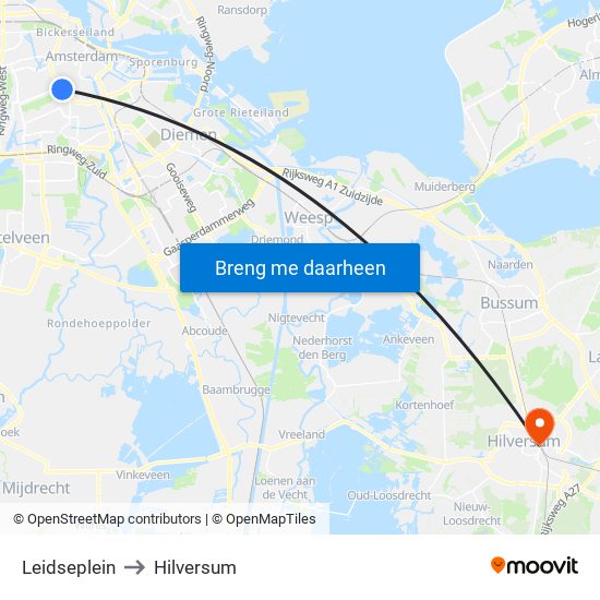 Leidseplein to Hilversum map