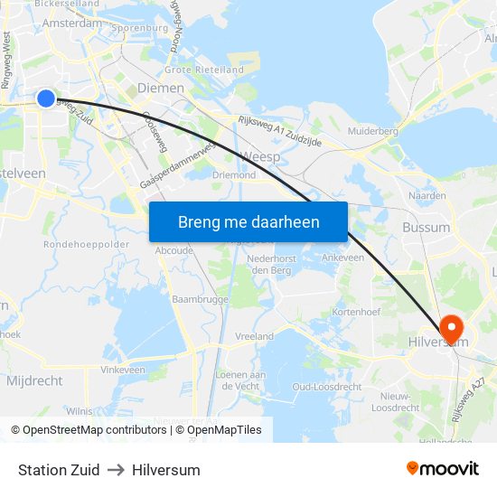 Station Zuid to Hilversum map