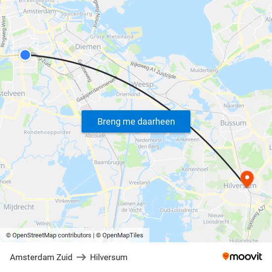 Amsterdam Zuid to Hilversum map