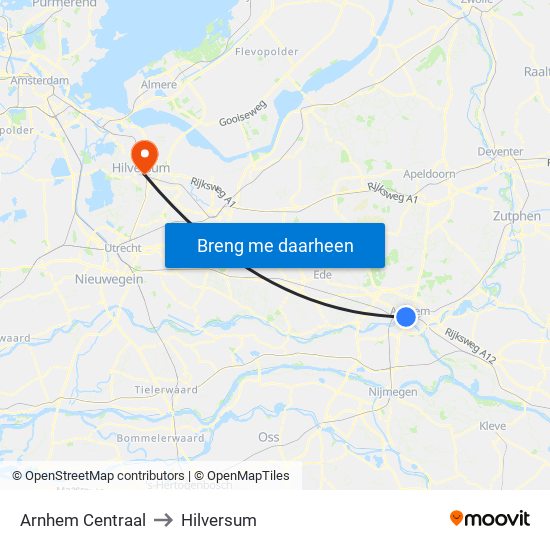 Arnhem Centraal to Hilversum map