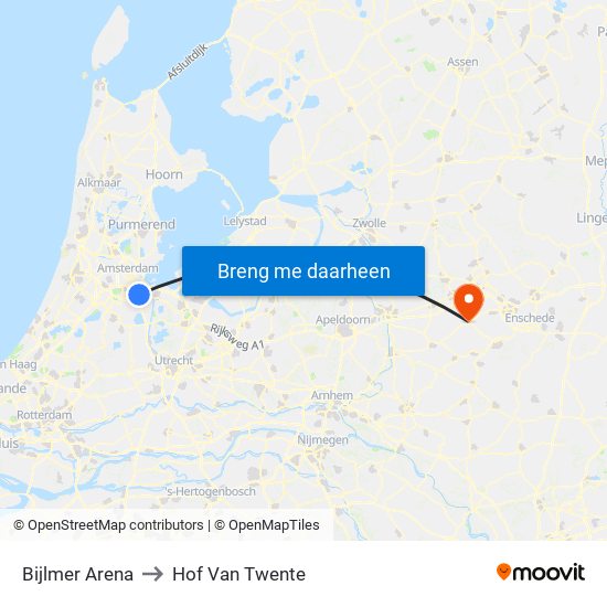 Bijlmer Arena to Hof Van Twente map