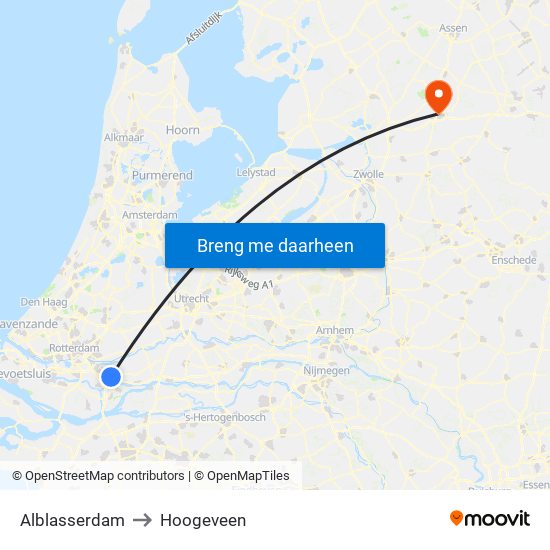 Alblasserdam to Hoogeveen map