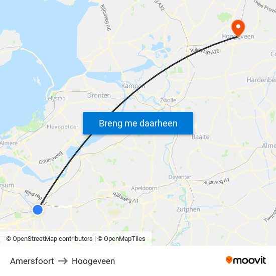 Amersfoort to Hoogeveen map