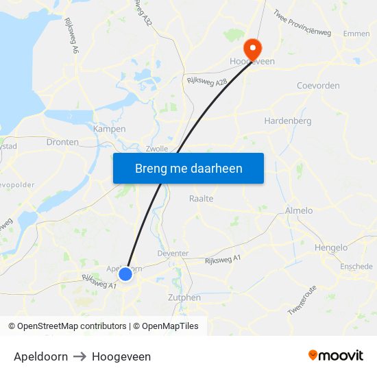 Apeldoorn to Hoogeveen map