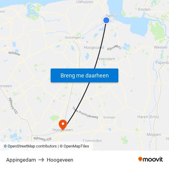 Appingedam to Hoogeveen map