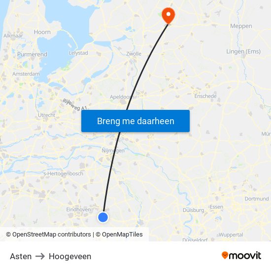 Asten to Hoogeveen map