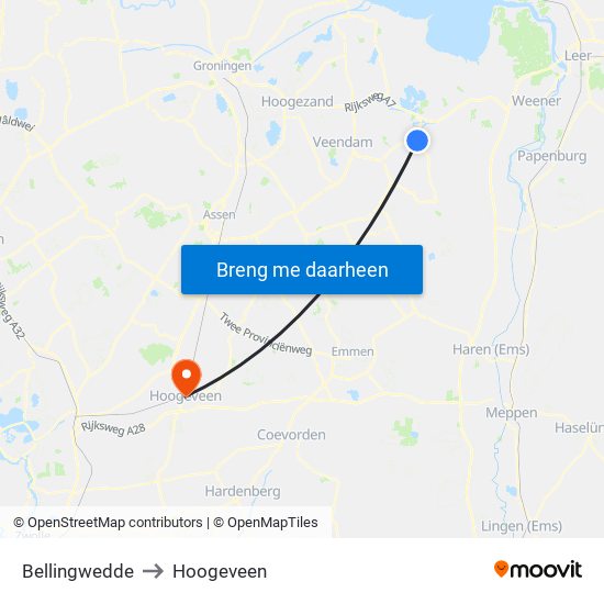 Bellingwedde to Hoogeveen map