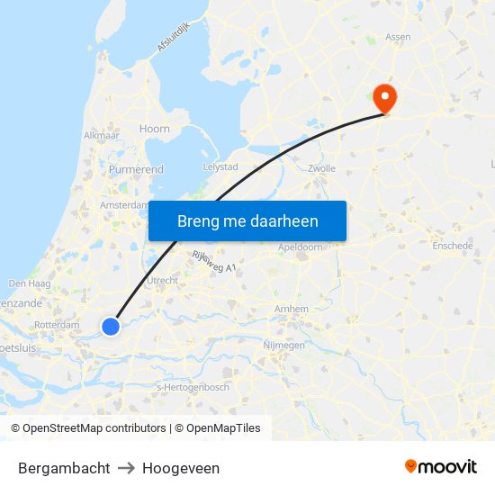 Bergambacht to Hoogeveen map