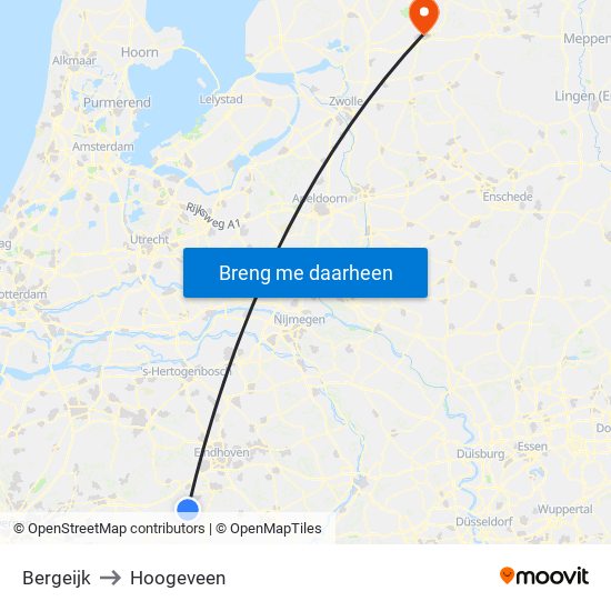 Bergeijk to Hoogeveen map