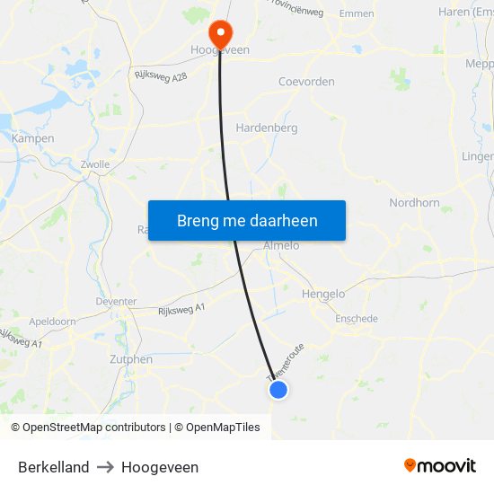Berkelland to Hoogeveen map