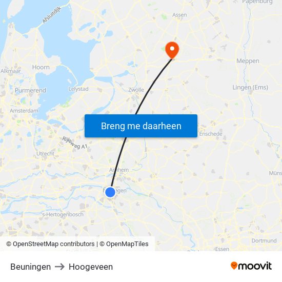 Beuningen to Hoogeveen map