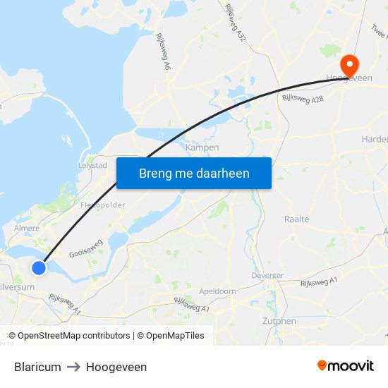 Blaricum to Hoogeveen map