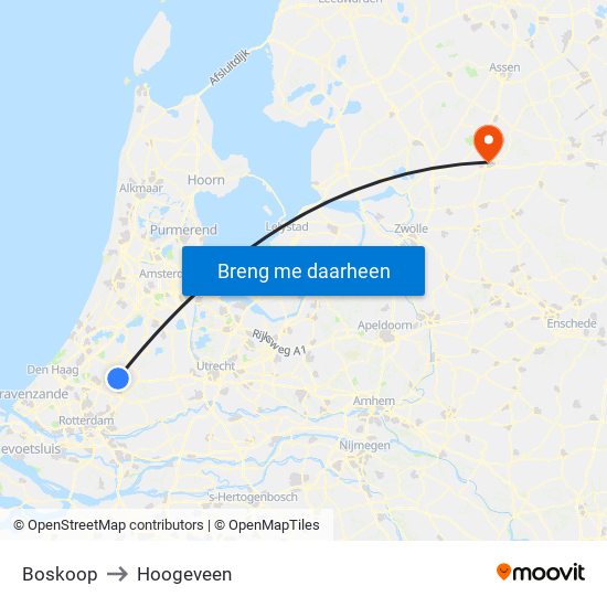 Boskoop to Hoogeveen map