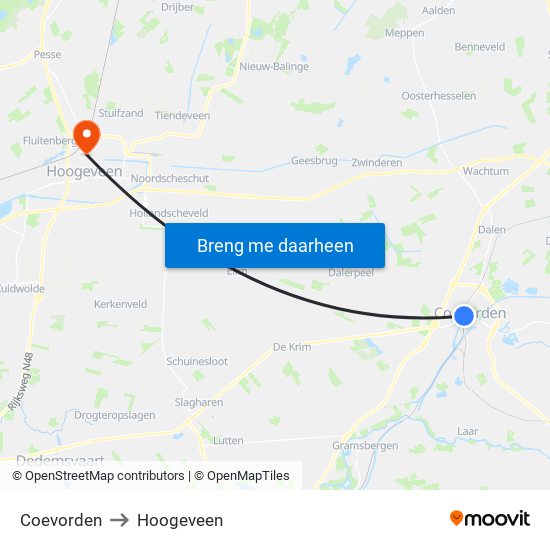 Coevorden to Hoogeveen map