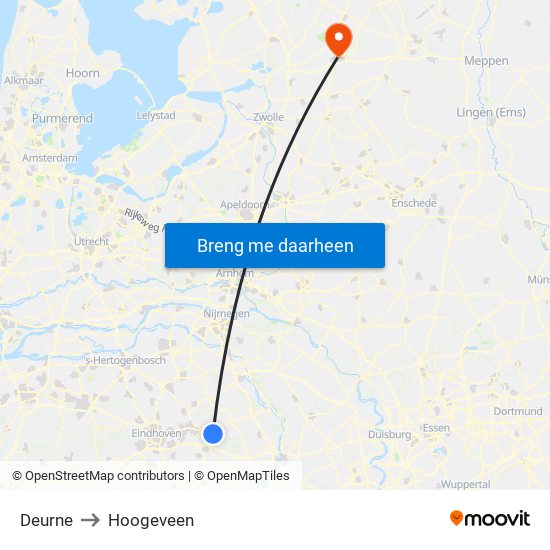 Deurne to Hoogeveen map