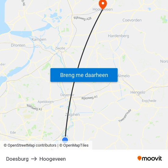 Doesburg to Hoogeveen map