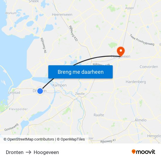 Dronten to Hoogeveen map